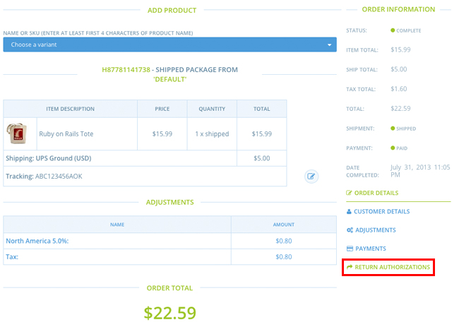 Return Authorizations Link